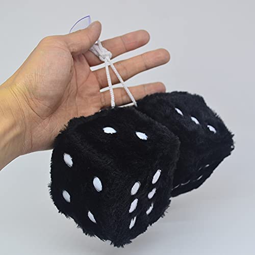 Pair 3” White With Black Dots Mirror Fuzzy Plush Dice, White And Black Soft Plush Car Decorative Hanging Ornament #TOP5