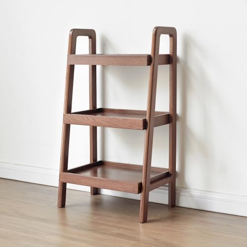 31.5" Mid-Century Modern 3-Tier Ladder Shelf, Solid Oak A-Frame Storage Rack with Walnut Finish, Freestanding Open Shelving for Entryway Living Room Bedroom Bathroom