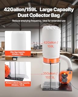 VEVOR Dust Collector, 1100 CFM 2.5 Micron Vortex Cone Dust Collectors, 1.5HP Sawdust Collection System with 35-Gallon Dusts Collector Bag & 42-Gallon Filter Bag, 3400 RPM High Speed, for Woodworking