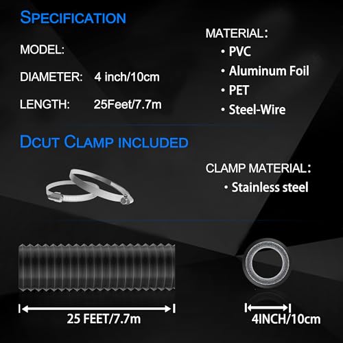 Image of TEAIERXY 4 Inch 25ft Dryer Vent Hose,Flexible Insulated Air Ducting,Vent Hose PVC Aluminum Foil with 2 Clamps for HVAC Ventilation(Black)