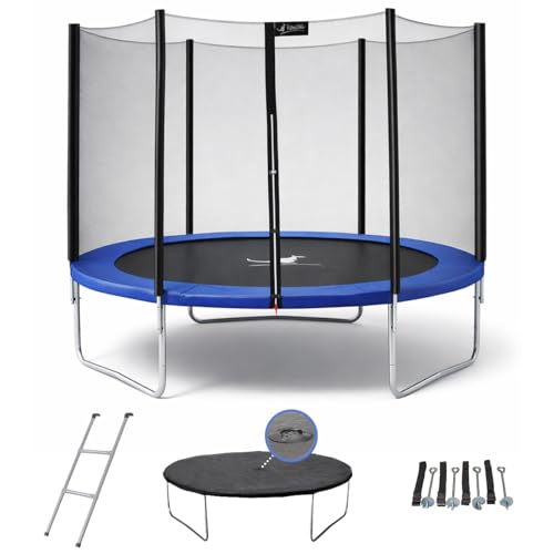 KANGUI Trampoline Enfant Extérieur Ø300 avec Filet de sécurité + échelle, Couverture de propreté et kit d’ancrage – Jardin – Bleu