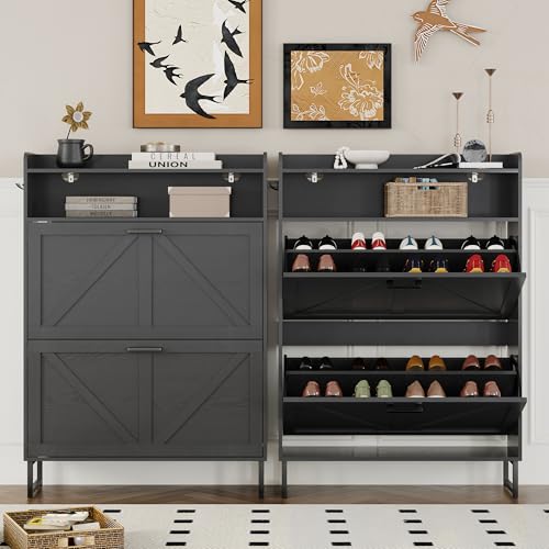 Image of BORNOON Shoe Cabinet with 2 Flip Drawers Narrow Shoe Storage Cabinet Organizer Wooden Freestanding Rack Hidden Slim Storage for Entryway, Hallway, Living Room, Bedroom