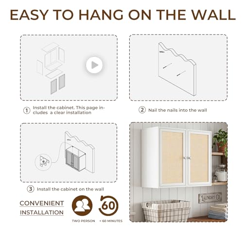 Image of Rattan Wall Cabinets for Laundry Room, Upper Cabinets Wall Mounted with Adjustable Shelves, Wall Cabinet for Kitchen, Bathroom, Bedroom, White, Set of 3