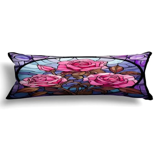 Rebbygena Valentine's Day Red Pink Rose Floral Stained Glass Decorative Long Body Pillow Cushion Cover Case for Adults Girls 20x59in,Long Throw Body Pillow Cover for Hotel Home Bed Living Room Decor