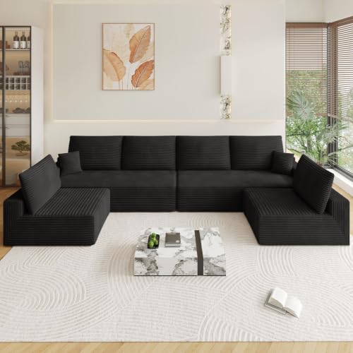 Image of Oversized Modular Sectional Sofa Couch, Large 6 Seater Corner Sofa Modern U Shaped Sectional Couch Cloud Couches for Living Room, Office, Spacious Space, Corduroy, No Assembly Required, Black