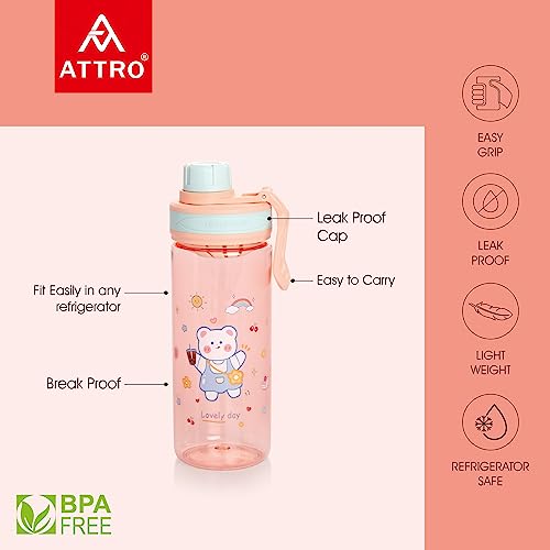 Image of Attro Champ 550ml Cute and Convenient Cartoon Printed Kids Plastic Water Bottle with Designer Hand Strap & Flip Lid BPA-Free-Perfect for School,Sports and Travel -Pink