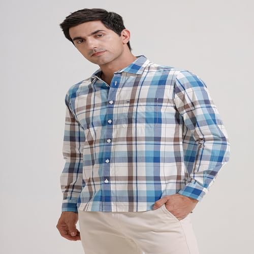 Image of BASICS 100% Cotton Checked Shirt for Men | Slim Fit | Everyday Smart Casual Wear | Full Sleeve