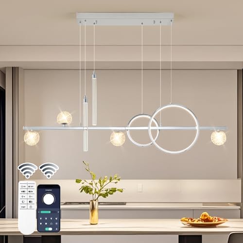 ORANOOR Modern LED Pendant Lights, Dimmable 47in Silver LED Chandelier Lighting, Upgraded Chrome Linear Dining Room Hanging Light Fixtures Kitchen Island Globe Pendant Light for Dining Table (4200lm)