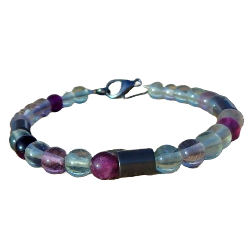 Fluorite & Hematite 6-6x10mm Round & Tube Shape Smooth Cut Beads Black Plated Clasp Bracelet for men, women, unisex|YUG_LINK_07601