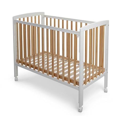 Imagen de TORAL Cuna Bebe Madera Natural y Blanca Cuna Colecho Bebe Modelo Verona Varias Posiciones Lateral Deslizante y 5 Posiciones Somier con Ruedas de Seguridad con Freno y Mordedor para Barandilla