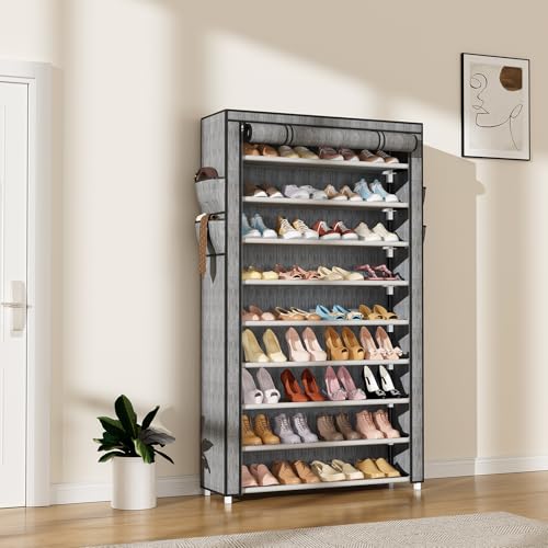 Image of LANTEFUL Shoe Rack with Covers 10 Tier Tall Shoe Rack Organizer Large Capacity Shoe Shelf Storage 40 Pairs Space Saving Free Standing Shoe Storage Organizer for Closet, Entryway, Dorm, Printing