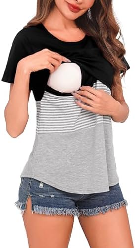 Bresdk Stillshirt Damen Kurzarm Umstandstop mit Doppelschicht Baumwolle | Diskrete doppelschichtige Vorderseite ermöglicht ein müheloses, schnelles und geschütztes Stillen im Allta