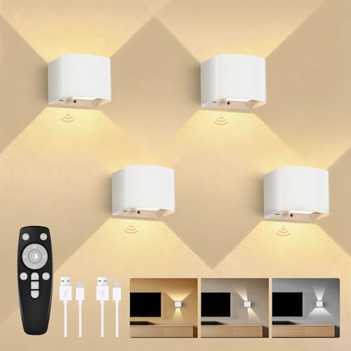 GeyouLux 6000mAh Akku Wandleuchte Innen mit Bewegungsmelder Wandlampe mit Fernbedienung Einstellbar Abstrahlwinkel 3 Modi 2700K-6500K Dimmbar Timer LED Aufladbare Wandleuchte für Treppe Flur 4 Stück