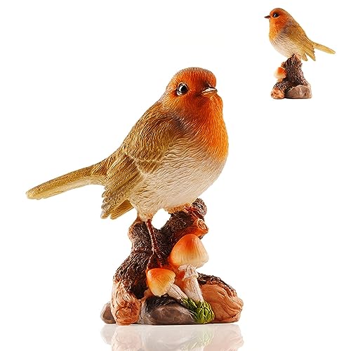 Muldale Robin Garden Ornament with Mushrooms - Lifelike Red Bird Figurine - 13cm Resin Statue - Great for Outdoor - Cute Robin Gifts