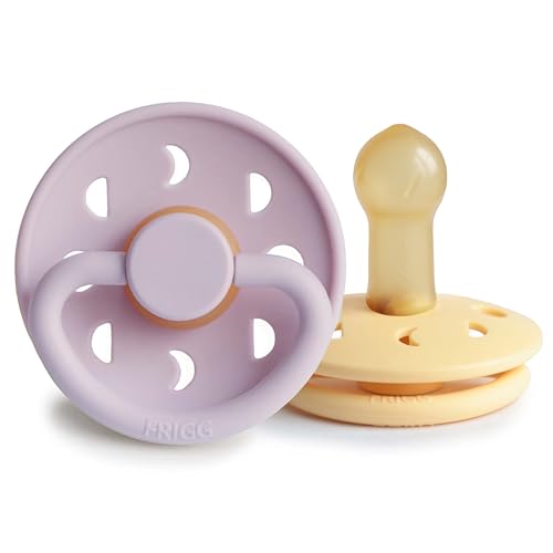 Image of FRIGG Moon Natural Rubber Baby Pacifier | Made in Denmark | BPA-Free (Soft Lilac /Daffodil, 6-18 Months) 2-Pack