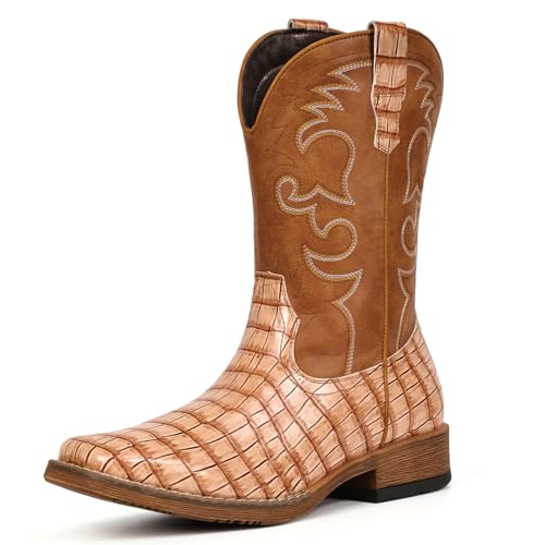 Image of IUV Cowboy Boots For Men Western Caiman Tail Print Wide Fashionable Boots
