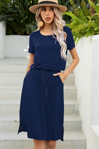 levaca Womens Summer Casual Dress Belly Drawstring Beach Coverup Short Sleeve 2025 Outfit Midi Sundress with Pockets4