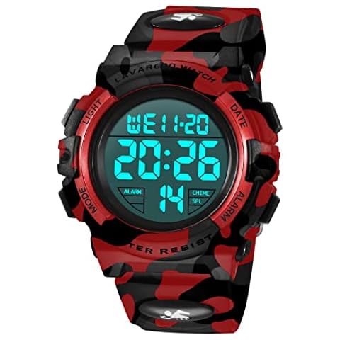 aswan watch Digital Watch Children Girls Boys with Alarm Clock, Stopwatch, LED Light, Date Sports Watch with Silicone Strap S/M, 07-camouflage red, M Cover