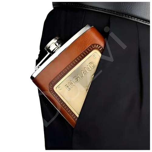 Image of Stainless Steel Hip Flask for Men & Women 8oz (236ml) - Whisky Flask Vodka Alcoholic Liquor Holder with Funnel Drinks Pocket Carrying Case - Leakproof Travel Flasks for Drinks, (Brown ENG)