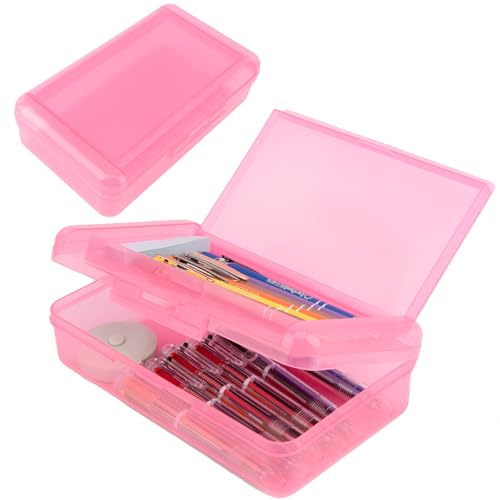 Pencil Case Double Layer Large Capacity Pink Plastic Pencil Box Clear Crayon Box Hard Pen Boxes with Snap-tight Lid Storage Art Craft Box Marker Organizer for Kids Boys Offices School Supplies