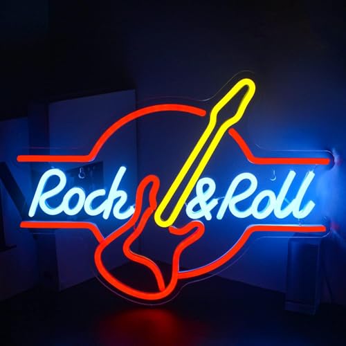Image of Guitar Rock and Roll Neon Sign Music LED Neon Light Wall Decor for Party | Guitar shape light up sign, music room decoration for bars,music studios, man caves, parties, adjustable brightness, USB