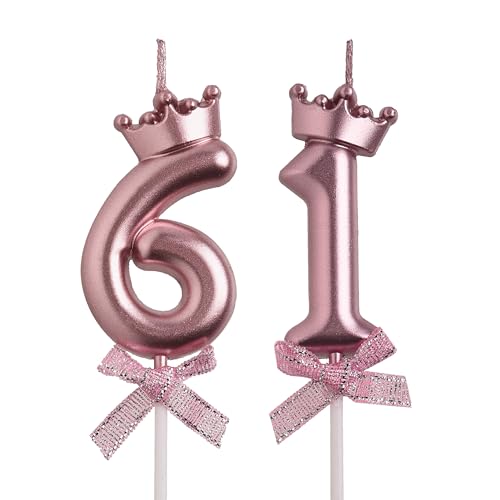 AOOLADA 61st Birthday Candles, Rose Gold 61 Year Old Number Birthday Candles, Happy Birthday Party Decorations Cake Topper Gifts for Men Women
