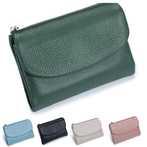 Unisex Pebble Leather Wallet, Small Wallets for Women, Coin Holder & Cash Slots, Genuine Leather Wallets for Men and Women, Small Compact Bifold Pocket Purse with Credit Card Holder (Green)