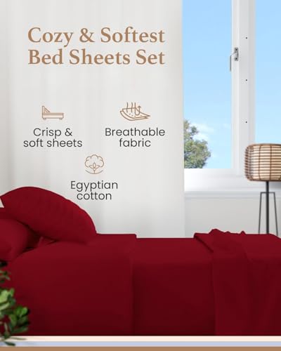 Image of Good Sleep Bedding Split King Sheets Sets for Adjustable Bed, 5 Piece, 100% Egyptian Cotton Bed Sheets for Adjustable Bed, Sateen Weave, 16 Inch Deep Pocket Bed Sheet - Burgundy