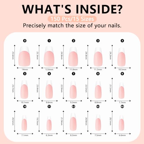 Medium Coffin Gel Nail Tips French Tips-Nude Soft Gel Fake Nail Tips 15 Sizes 150Pcs Pre-Primer&Base Coat&Color Gels French Nail Tips - Image 3