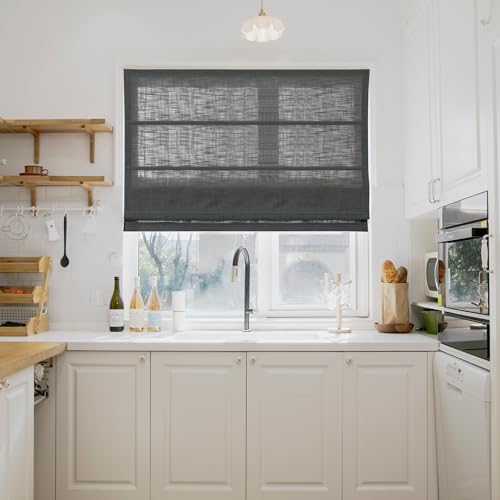 Image of TWOPAGES Liz No Drill Cordless Roman Shades Linen Textured Roman Blinds for Windows, Custom Made Room Darkening Blackout Roman Window Shades, Hardware Included, Carbon Grey, 1 Piece