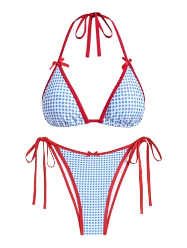 Image of ZAFUL Bikini Sets for Women Halter Bow Decor Tiny Floral Gingham Print Swimsuit Tie Side 2 Pieces Bathing Suit