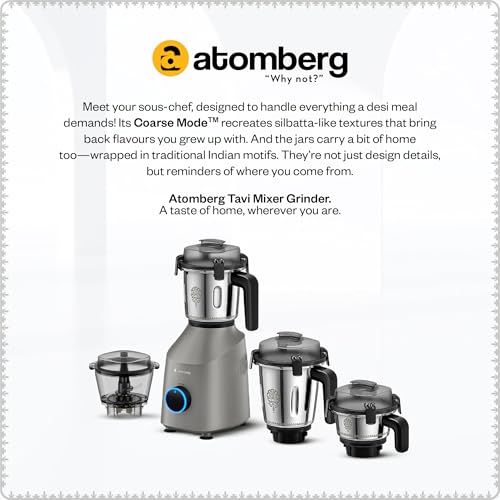 Image of Atomberg Tavi Mixer Grinder |110 V only for US & Canada | Unique Coarse Mode for Silbatta-Like Texture | Intelligent 600W Motor | 4 Jars Including Chopper Jar | Matte Sand Grey