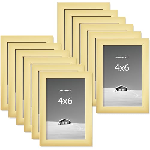 4x6 inch Picture Frame, 4x6 Photo Frames with 3.5x5 Removable Mat - High Definition Plexiglass - Vertical and Horizontal Display - Wall Hanging Frame - Gold, 12 Pack