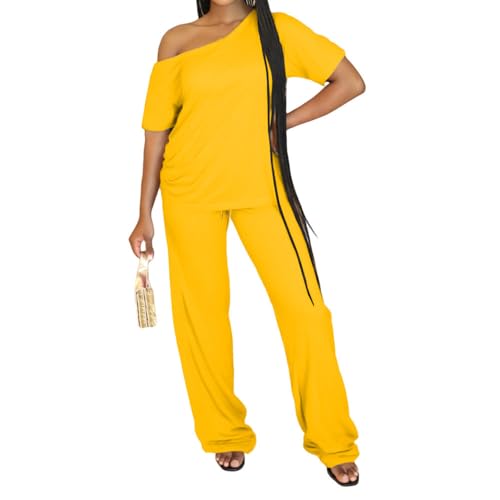 Ulovmi Two Piece Sets for Women Summer Off Shoulder Soft Casual Jogger Sweatsuits Cozy Lounge Pants Outfits Matching Set Yellow XL