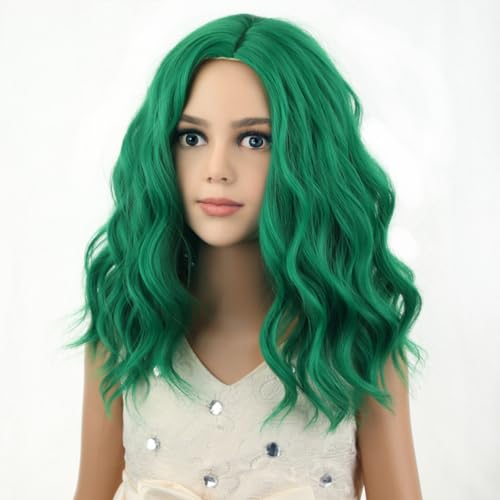 Image of PATTNIUM Kids Child Green Wig Short Curly Wavy Wig for Girls Dark Green Wigs Synthetic Hair Wigs
