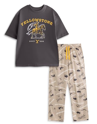 Y Yellowstone Mens Grey Short Sleeve Long Leg Pyjama Set | YELLOWSTONE SINCE 1886 Print Sleepwear | Yellowstone Merch
