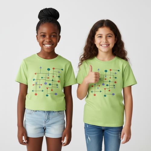 Image of Girls Cotton Crew Round Rib Neck Short Sleeve T-Shirts, Green, Orange red, Turquois