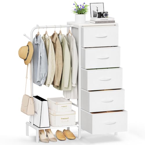 Snughome Dresser with Hanging Rack Clothes Hanging Rack with 5 Drawers White Dresser with Clothes Rack Fabric Storage Chest of Drawers Small Dresser for Bedroom Apartments Entryway Living Room