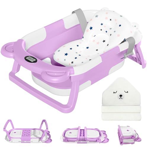 Image of MoreFeel Collapsible Baby Bathtub for Newborn with Thermometer & 1 Hooded Towel & 1 Soft Floating Cushion,Portable Travel Bathtub with Drain Hole, Durable Foldable Baby Tubs for Infants to Toddler