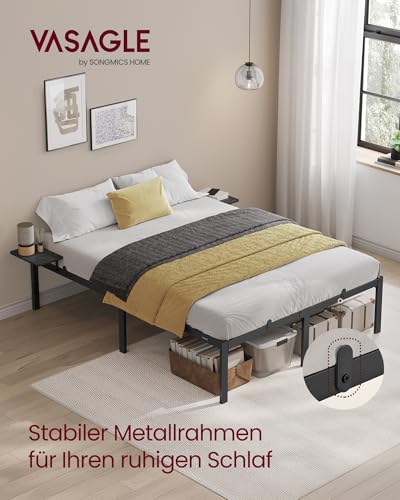 VASAGLE Bett 140 x 200 cm, Gästebett mit Aufbewahrungsregalen, Doppelbett, Bettgestell aus Metall, Bettrahmen, Metallbett, einfache Montage, klassikschwarz RMB094B01