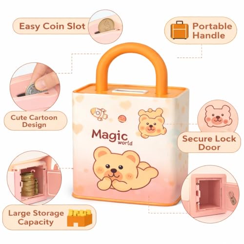 Image of Sajani Cute Cartoon Creative Portable Piggy Bank, Money Saving Box with Combination Lock, Mini Coin Bank Gifts for Boys and Girls, Best Return Gifts for Kids (Pack of 1) (Lock - Yellow)