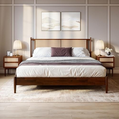 Image of Arman HANDICRAFTS King Size Wooden Bed with Rattan Cane Headboard | Solid Wood Platform Bed Frame with Slats | Mid-Century Modern Bed | No Box Spring Required | Easy Assembly | Brown Finish