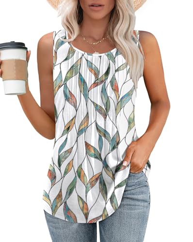 Besshopie Tank Tops for Women Fashion 2024 Summer Sleeveless Flowy Tank Tops Hawaiian Shirts Leaves L