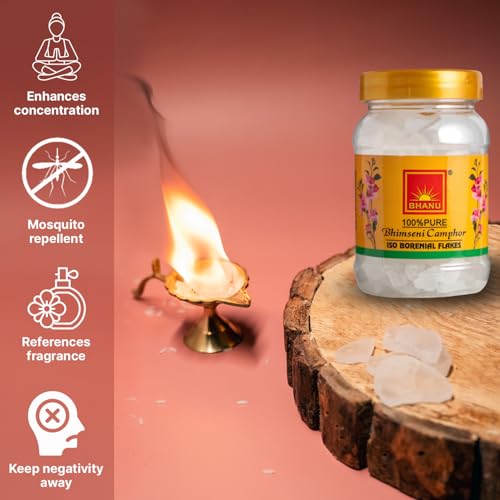 Image of BHANU 100g Pure and Original Bhimseni Camphor Jar | Refreshing Fragrance Aromatic Kapooram | Diffuser Camphor for Pooja, Hawan | Zero Residue Aarti Kapoor