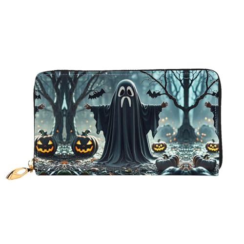 Porte-cartes de crédit fin et long portefeuille cuir noir fantôme Halloween à deux volets
