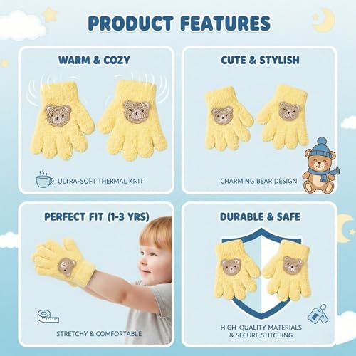 Image of Kraptick Kids Winter Gloves - Ultra-Soft Thick Knit Fuzzy Warm Mittens for Boys & Girls Cute Bear Patch Thermal Hand Warmers for Toddlers & Children -1