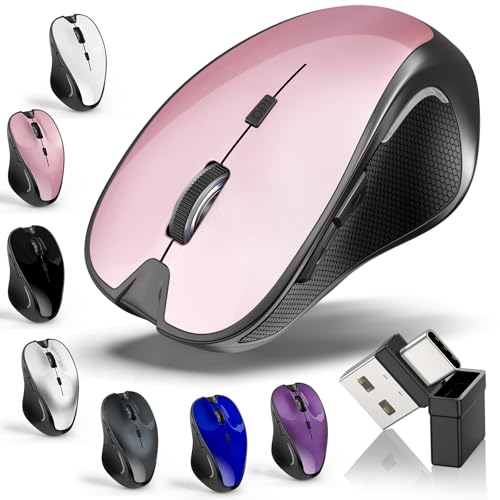 Mouse for MacBook Bluetooth Wireless Mouse Laptop MacBook Air Mac Pro Silent Rechargeable PC iPad Optical Mouse with Jiggler Dual Mode Switch Bluetooth 5.2/3.0 and 2.4GHz USB Type-C Receiver ROSE GOLD