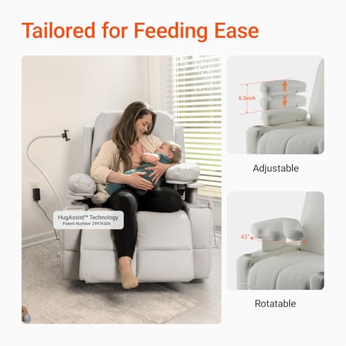 Rocking Chair Nursery with Adjustable Armrests, Electric Glider Recliner Nursing Chair for Breastfeeding, Power Swivel Recliner Chairs with USB Port and Storage, FSC Certified (Vanilla)