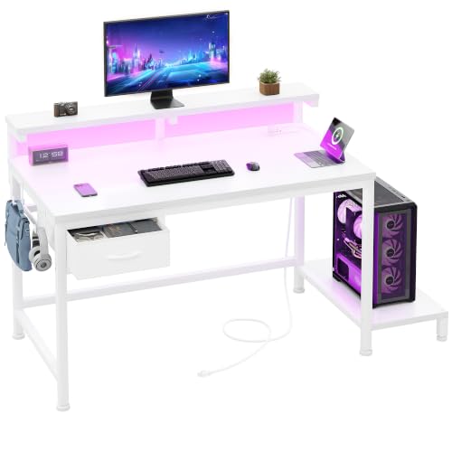 Image of DurayLoly 32 inch Computer Desk with Power Outlet & Fabric Drawer,White