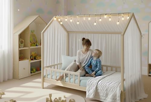 Lit Cabane Enfant 90x190 en Bois Massif - Maison Montessori avec Barreaux de Sécurité - Sommier à Lattes Renforcées Inclus - Lit Junior Unisexe - Matelas...